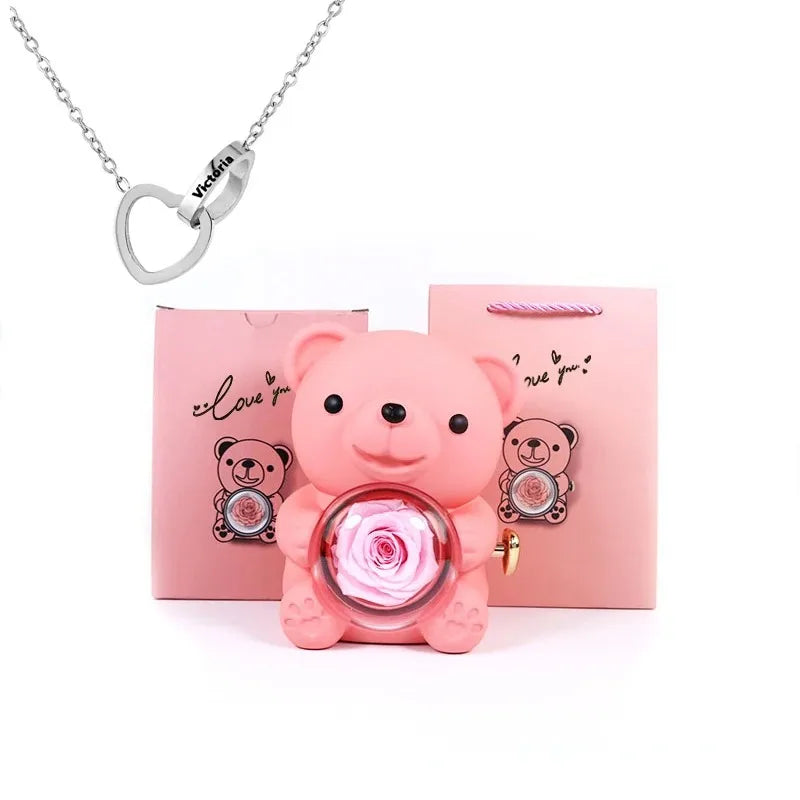 Colar Dueto de Amor + Urso com Rosa Eternizada