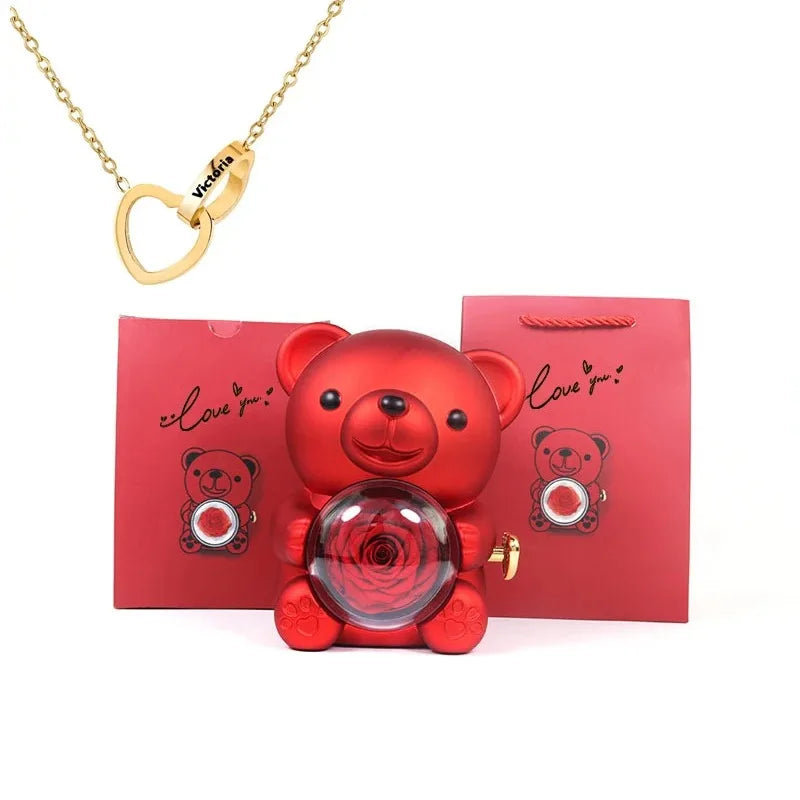 Colar Dueto de Amor + Urso com Rosa Eternizada