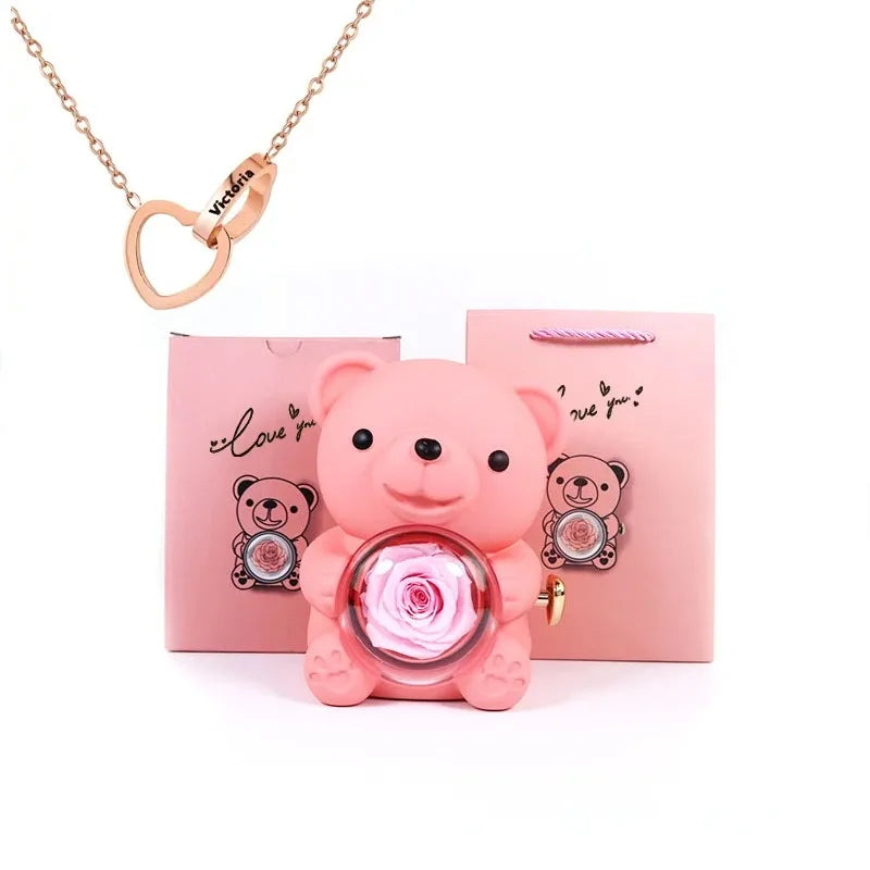 Colar Dueto de Amor + Urso com Rosa Eternizada