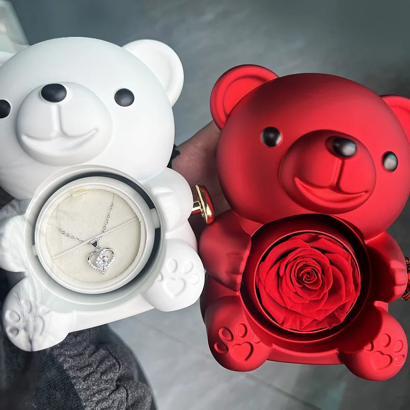 Colar Dueto de Amor + Urso com Rosa Eternizada